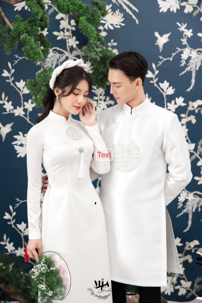 Áo dài cưới trắng cặp đôi thanh lịch