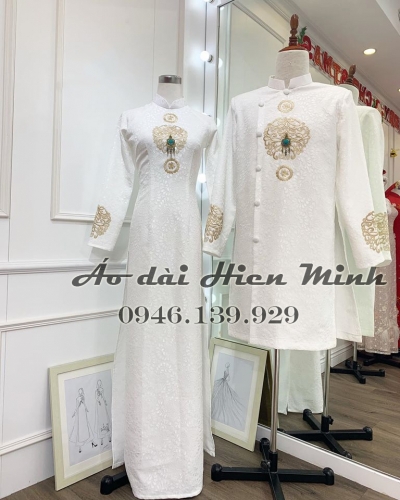 Áo dài cưới cặp màu trắng Gấm cao cấp