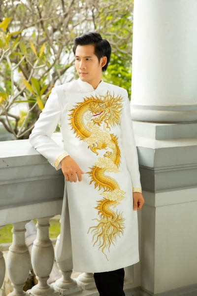 ÁO DÀI CÁCH TÂN NAM MÀU TRẮNG HỌA TIẾT RỒNG VÀNG CAO CẤP