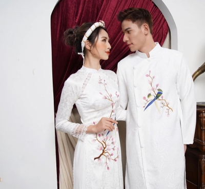 Áo dài cưới cặp đôi màu trắng thêu tay cao cấp
