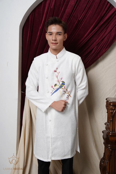 Áo dài cưới cặp đôi màu trắng thêu tay cao cấp