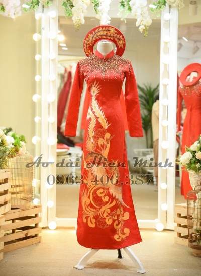 Áo dài cưới cặp đôi màu đỏ vải gấm Long Phụng