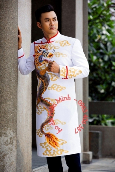 Áo dài cách tân nam màu trắng họa tiết rồng