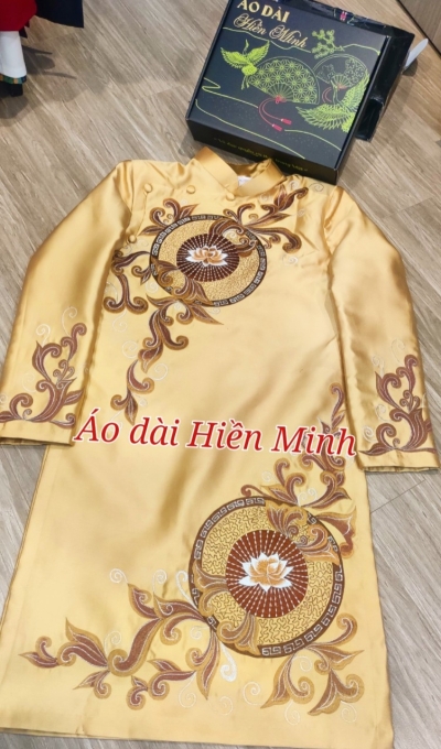 Áo dài cách nam cao cấp màu vàng đồng họa tiết thêu