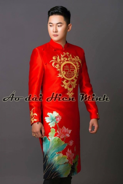 Áo dài cách tân nam màu đỏ họa tiết hoa sen vẽ tay cao cấp