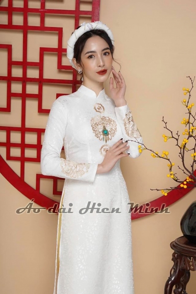 Áo dài cưới cặp màu trắng Gấm cao cấp