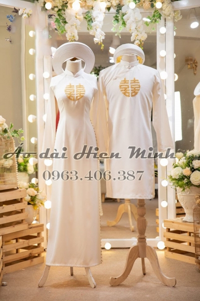 Áo dài cưới cặp màu trắng kết phale song hỷ