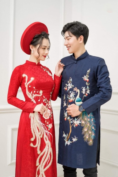 Áo dài cặp đôi nam nữ họa tiết chim công thêu cao cấp