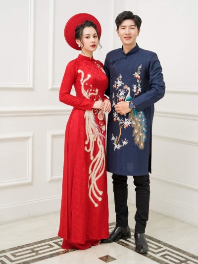 Áo dài cặp đôi nam nữ họa tiết chim công thêu cao cấp