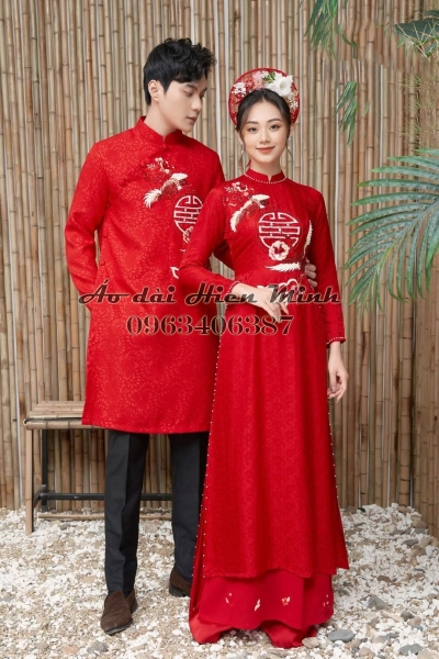 Áo dài cưới cặp đôi màu đỏ họa tiết uyên ương