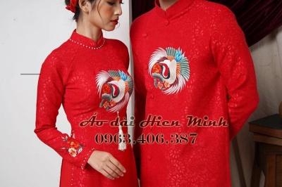 Áo dài cưới Gấm - áo dài cưới cặp đôi họa tiết thêu