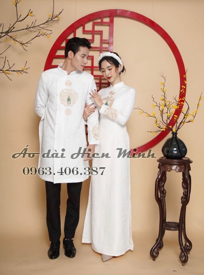 Áo dài cưới cặp màu trắng Gấm cao cấp