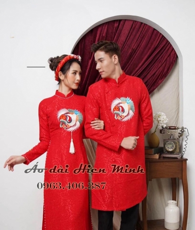 Áo dài cưới Gấm - áo dài cưới cặp đôi họa tiết thêu