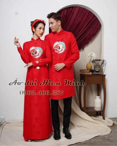 Áo dài cưới Gấm - áo dài cưới cặp đôi họa tiết thêu