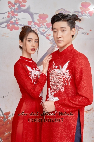 Áo dài cưới cặp đôi màu đỏ họa tiết song hỷ kết