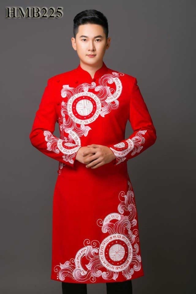Áo dài nam cách tân màu đỏ họa tiết vets tay, thiết kế tay vest