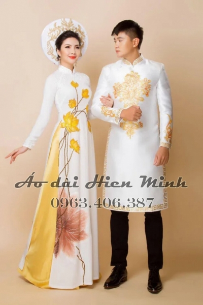 Áo dài cách tân nam màu trắng  họa tiết vẽ tay cao cấp