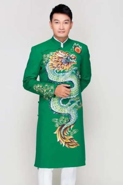 Áo dài cách tân nam màu xanh họa tiết rồng