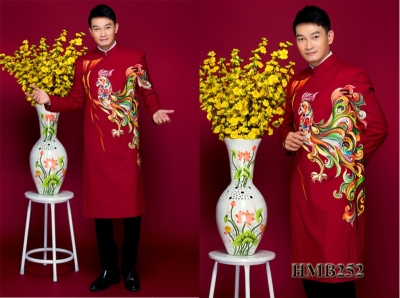 Áo dài cách tân nam màu họa tiết chim công vẽ tay cao cấp