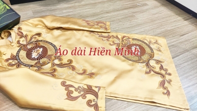 Áo dài cách nam cao cấp màu vàng đồng họa tiết thêu
