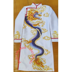 Áo dài cách tân nam màu trắng họa tiết rồng