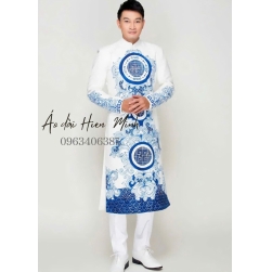 Áo dài cách tân nam màu trắng họa tiết vẽ tay cao cấp