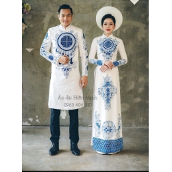 Áo dài cưới truyền thống màu trắng họa tiết đôc đáo