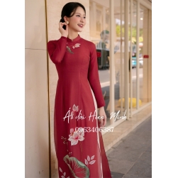Áo dài nữ màu đỏ họa tiết hoa sen thêu cao cấp